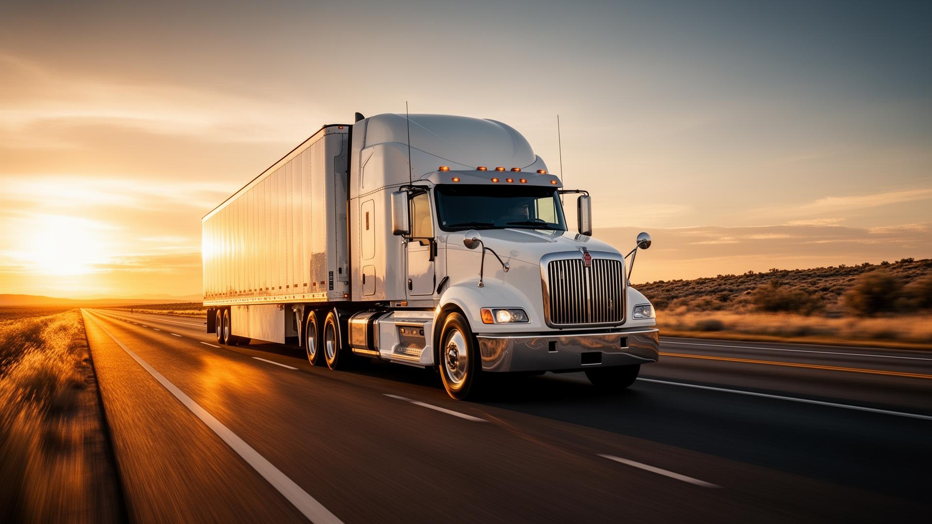 Semi-truck on the highway at sunset